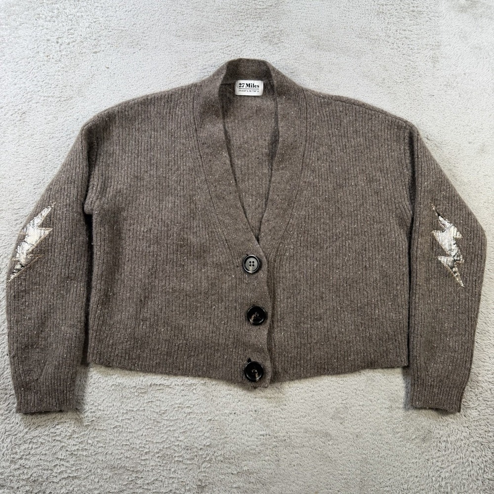 27 Miles Cardigan Sweater Women Small Brown 100% Cashmere Button Ribbed Cropped